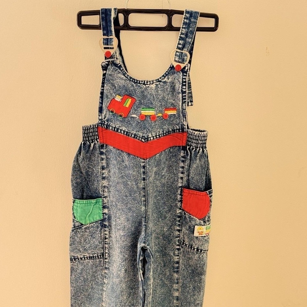 VTG 90s Acid Wash Denim Overalls Train Embroidery Toddler 35"